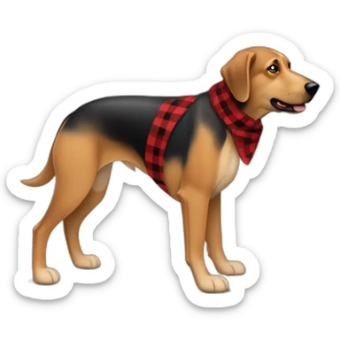adult 75% Coonhound 25% German Shepherd mix dog with visible tail wearing small pointed red buffalo plaid bandana full body walking left quickly sticker