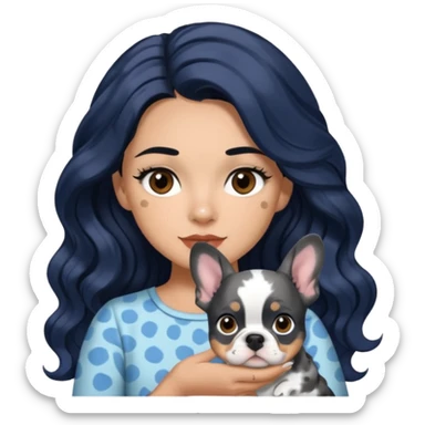 woman with olive skin, brown eyes and long lashes, and long black wavy hair with holding a blue spotted Merle frenchie sticker
