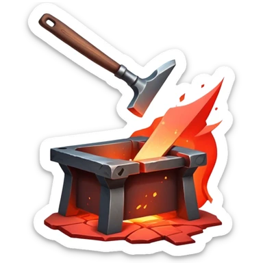 Blacksmithing icon, forged metal piece being shaped with hammer and anvil, glowing red-hot metal, blacksmith tools like tongs and chisel, sparks flying, minimalistic style, clean lines, transparent background. sticker