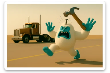 Make the semi truck a flattop with tall chrome stacks, keep the side view, truck far behind the abominable snowman, hammer actively hitting the snowman, light and realistic style, no text. sticker