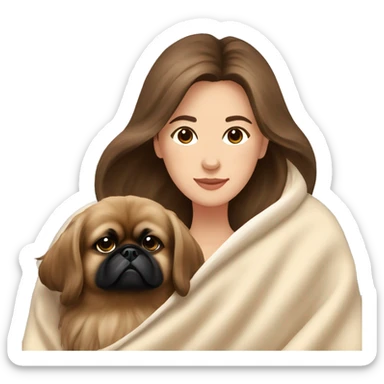 A Women with brown hair is cradling her Pekingese in a beige blanket sticker