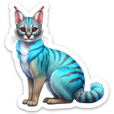 Colorful exotic shiny cobalt-blue-cyan-iridescent-gradients-colored fur coat with shiny-glowing-neon-red markings, tropical glorious divine exotic cute cool beautiful realistic caracal-civet-genet-sergal-vernid-Cacomistle-Trico-oncilla-animal-Fakémon-hybrid-fursona (full body) sticker