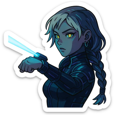  a closeup portrait of young woman with gold yellow eyes, white hair, long braid, black off-shoulder top d-cup, punk gothic style, futuristic cyberwave cyberpunk,  shooting a blue lazer from a small device on her left wrist sticker