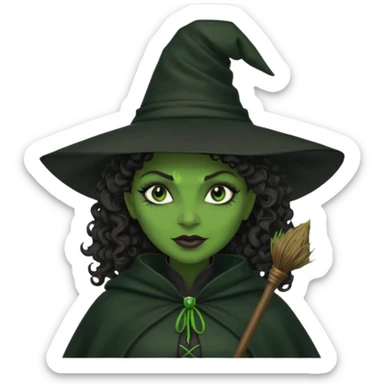 elphaba wicked witch with broom close up, evil dark curly hair, green skin, thick lips, cheekbones, smirk evil menacing cythia erivo dark aesthetic black hat cloak  sticker
