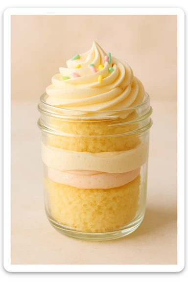 a vanilla cupcake baked in a clear glass jar, visible layers of cake and frosting, whimsical and inviting, soft colors sticker