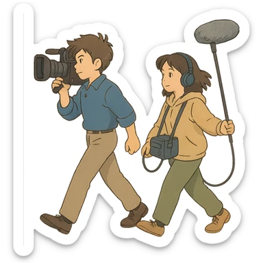 a flim crew, walking from left to right across frame: a cameraman, and a microphone operator sticker