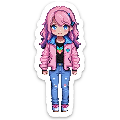 cute girl wearing a pink jacket and blue jeans, pixel art style sticker