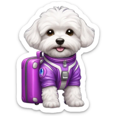a white maltipoo as purple astronaut with a pink luggage sticker