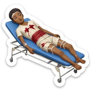 
a man of oriental appearance, dressed in torn clothes, full-length, unconscious, in a prone position, with injuries on a medical stretcher, 1980 sticker