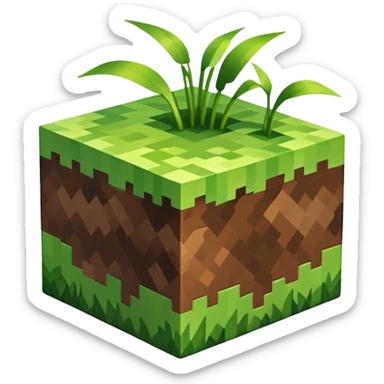 Minecraft grass block, square shape, brown and green, smooth sticker