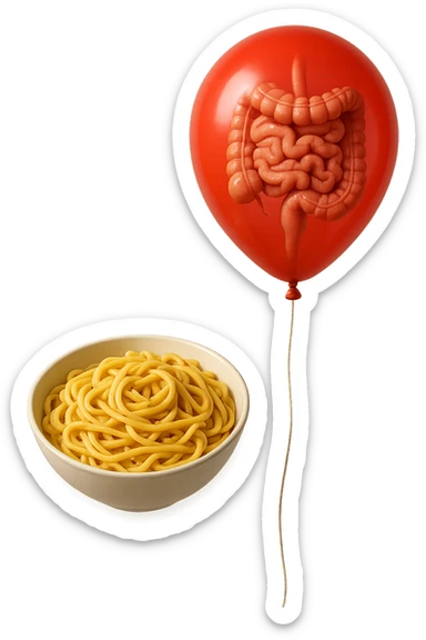 bowl di pasta fluttua in aria insieme ad un palloncino rosso con all'interno un intestino umano anatomico realistico, iperrealistico 4k sticker