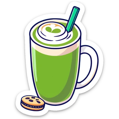 matcha latte in warm olive-brown tones with leaf detail, cute cookie beside it, soft dreamy sticker