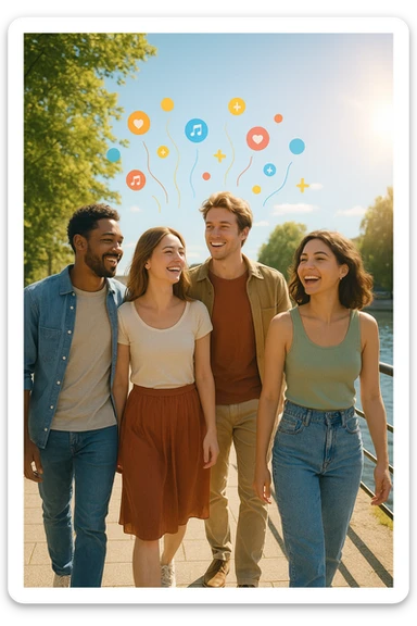 a group of friends strolls along a riverside promenade on a bright, sunny day. Their expressions are joyful and relaxed, and the sunlight creates a warm, golden glow. Above them, faint, colorful lines or icons represent the release of beneficial dopamine. The background is vibrant and full of life. sticker