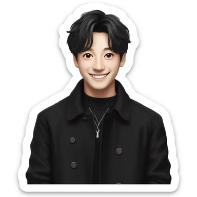 Jungkook from BTS smiling, wearing a black coat sticker