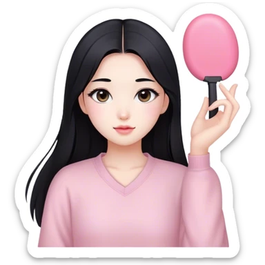 soft pink beauty vlogger girl fair skin with long straight hair. natural makeup like korean girls, black hair sticker