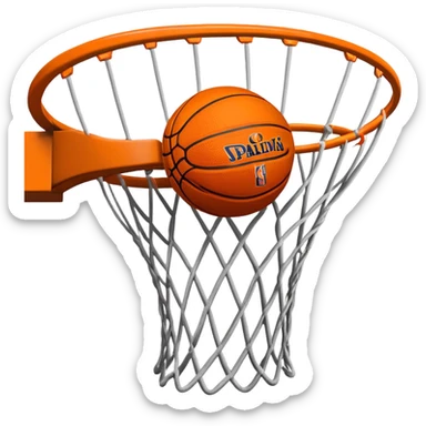 Simple orange basketball with NBA logo caught in basketball net from below perspective, iOS emoji style sticker