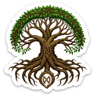 Tree roots forming a sigil shape, earth magic symbolism, deep greens and browns sticker