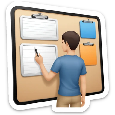 Minimalistic flat vector icon, iOS style, thin black contour on white background. Person silhouette with a project board (kanban/task board) behind. No text, no shadows.
 sticker
