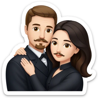 married couple, tall white man with brown hair goatee mustache embracing a pale woman with long black hair, wearing elegant clothing sticker