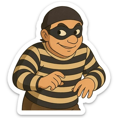 ghibli style robber with sneaky expression, black mask, striped shirt sticker