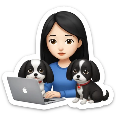 Asian girl with long black hair working on an Apple laptop, next to her is a small black and white dog sticker
