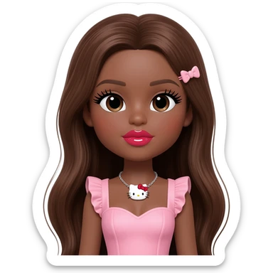 heart shaped lips, cute glossy lips, doll eyes with long lashes, dark brown skin, long brown hair, big chest, hello kitty necklace, one bow clip, pink mini dress sticker