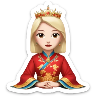 background is UK queen sitting in a Imperial Chinese palace building with red walls, golden roof decorations sticker