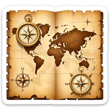 3D Brown golden map with Travel compass pointing to adventure sticker
