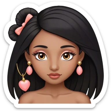 Pelo negro largo lacio hacia el frente,tes morena oscura, cejas pronunciadas, ojos grandes con pestañas largas color marrón oscuro los ojos, nariz pequeña, labios grandes con arco de cupido color coral claro, orejas pequeñas y con pantallas pequeñas de bolita color oro sticker