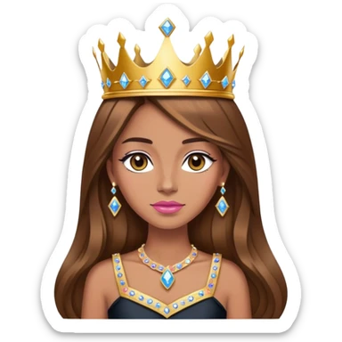 Queen, brown long hair, golden crown encrusted with pink and blue diamonds, black dress sticker