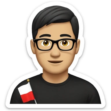 Asian male with black shirt and glasses, black hair, the flag of Sealand behind him sticker