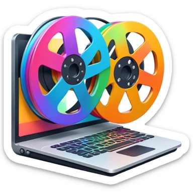 Create a vibrant and modern icon representing Animation and Motion Design, featuring elements like a film reel, a computer screen, and dynamic motion lines. Rolling colorful film. The design should be visually engaging, colorful, and dynamic, without any emojis. The background is transparent. sticker