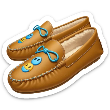 tan moccasins with stitched design and fluffy fur, emoji style sticker
