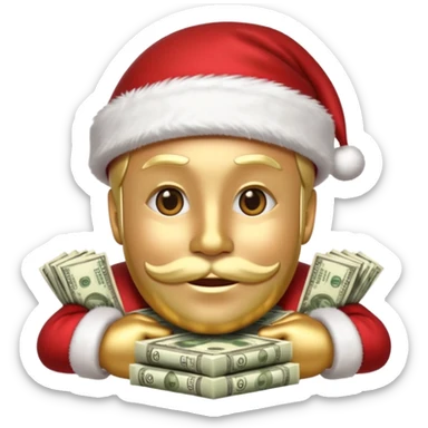 A confident rich emoji face wearing a Santa hat, money stacks, casino vibe, New Year theme, premium 3D emoji style, sharp details, no text, isolated on transparent background sticker