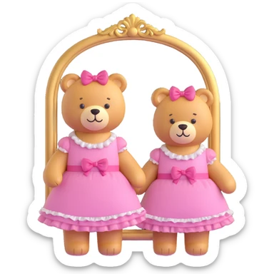 plush bear in a frilly pink dress with bows, standing by a gold-framed mirror in a sunlit pastel room, 3D iOS emoji style, cute and vibrant sticker