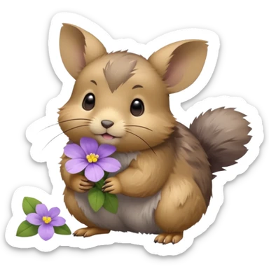 small round pika on all fours, turned at an angle, with a little light purple flower in its mouth sticker