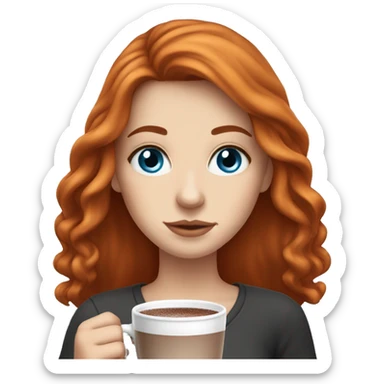 white girl with red long hair and blue eyes and a hot chocolate sticker