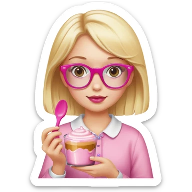 a girl with long lashes, blonde hair, pink glasses, holding a pudding sticker