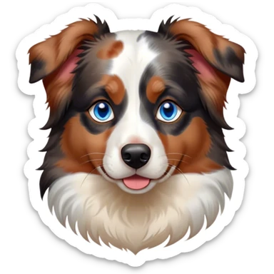 Cinematic Noble Calico Australian Shepherd Portrait Emoji, Poised and regal, with a strong, agile build and a predominantly white coat with calico merle markings of tan, black, and red, piercing blue eyes, Simplified yet sharp and sophisticated features, highly detailed, glowing with a soft, dignified glow, high shine, intelligent and loyal, stylized with an air of elegance, focused and attentive, soft glowing outline, capturing the essence of a watchful and confident herder, so majestic it feels as though it could step out of the screen with effortless authority! sticker
