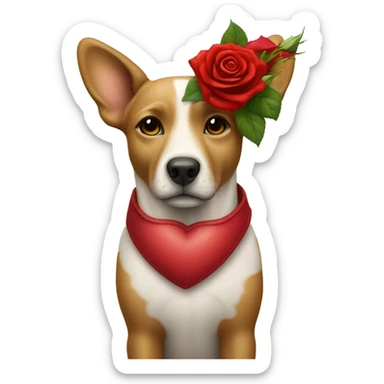 dog with a red heart, roses and a starbucks sticker