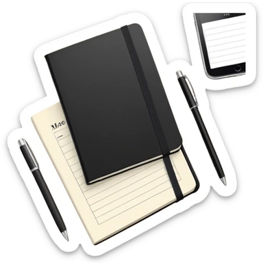 An elegant Moleskine notebook with elastic band, open to display a meeting agenda with items listed sticker