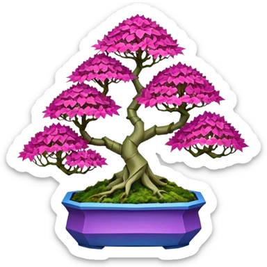 Futuristic wild et alien moss maples Bonsai hair-fine-leaf group crimson crystal azalea purple and cream pink blue forest planting in shallow origami style pot  sticker