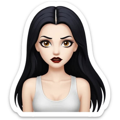 White woman with a white tank top long black hair glossy middle part long hair vamp look with fangs brown eyes eyeliner winged with lashes top and bottom white border big lips black eyebrows sticker