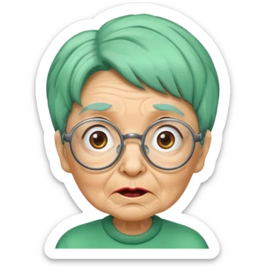 green haired grandma with wrinkles and glassess, surprised sticker