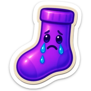 A neon-purple sock with a sad face, tears falling, representing crying or sadness. sticker