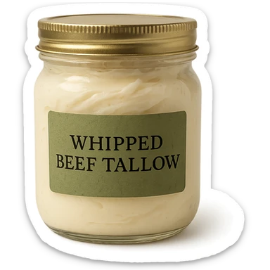 sealed jar of whipped beef tallow, green label, rustic look, creamy contents, clean background sticker