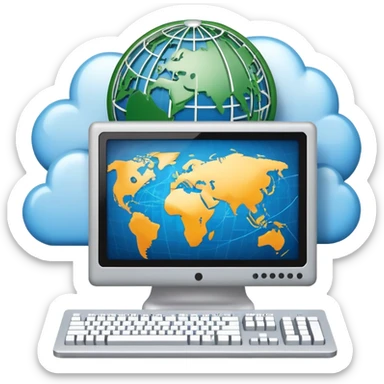 An icon featuring a computer monitor displaying code, a globe with network nodes, and a circuit board, symbolizing IT. The design includes data streams, cloud storage, and a keyboard, representing digital innovation, connectivity, and problem-solving. Transparent background sticker