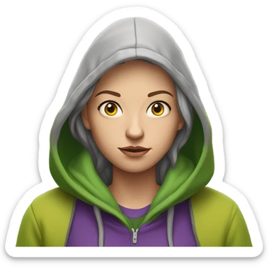white woman who is homeless, disheveld wearing green hoodie and purple shirt with yellowish eyes sticker