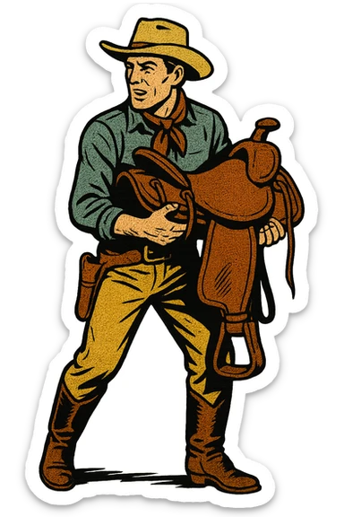 The full body of cowboy holding a saddle from the American West in the 1860s.  sticker