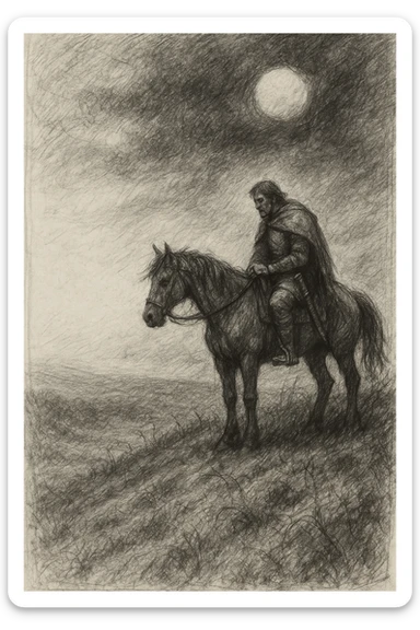 high-resolution black and white pencil sketch of a warrior's final ride, right side features a lone contemplative rider on a restless horse atop a windswept hill under a heavy sunless sky, left side open and uncluttered for poem text space, somber landscape with hints of grass, vines, and passage of time, evoking legacy peace and returning to the earth, no text in image, 1:1 ratio sticker
